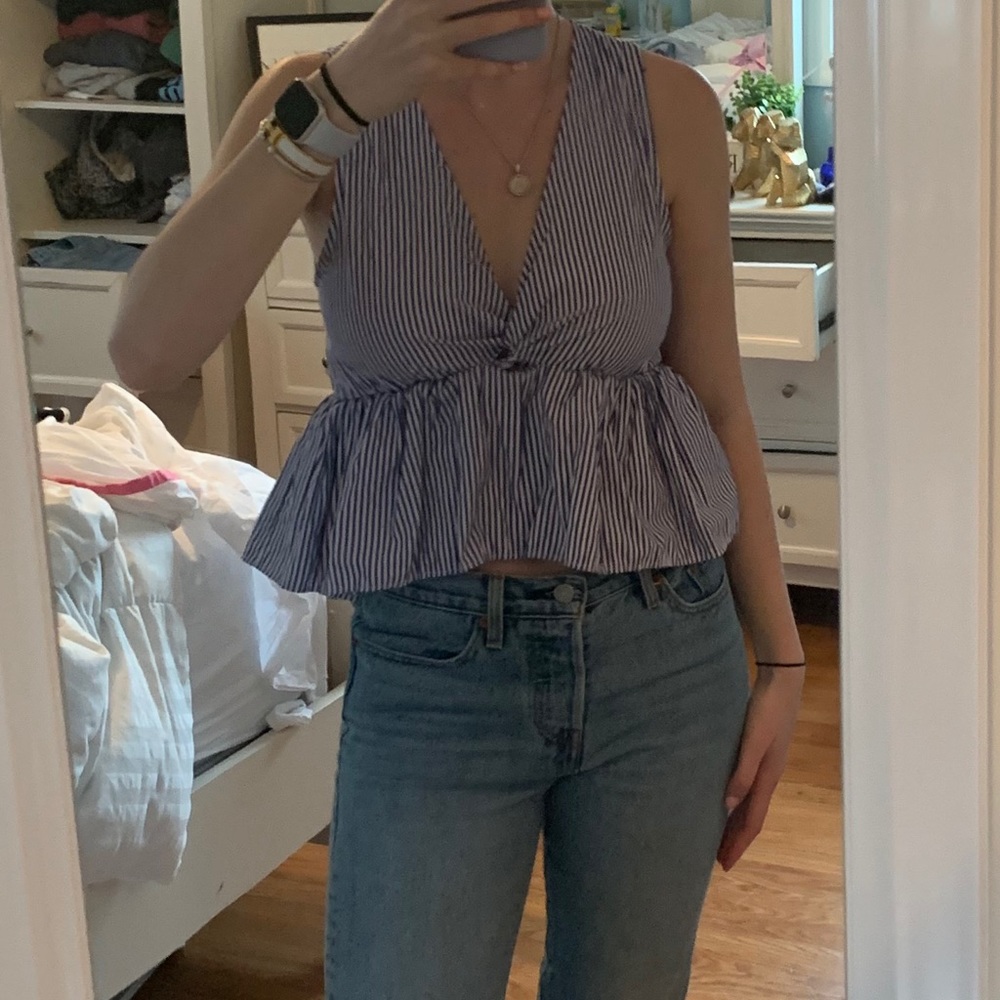 BLOOMINGDALES Aqua Blue & White Peplum Tank